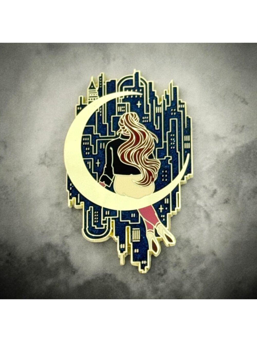 Fantasy Enamel Lapel PIn Woman Sitting On Crescent Moon with Skyline Background